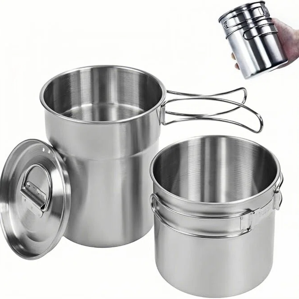 Camping Cooking Mug - แก้วพับได้สำหรับแคมป์ปิ้ง หม้อและอุปกรณ์ทำอาหารสำหรับแคมป์ปิ้ง เกรดอาหาร 304 ชุดทำอาหารกลางแจ้งพร้อมฝาแบบมีช่องระบายอากาศ ทำจากสแตนเลส