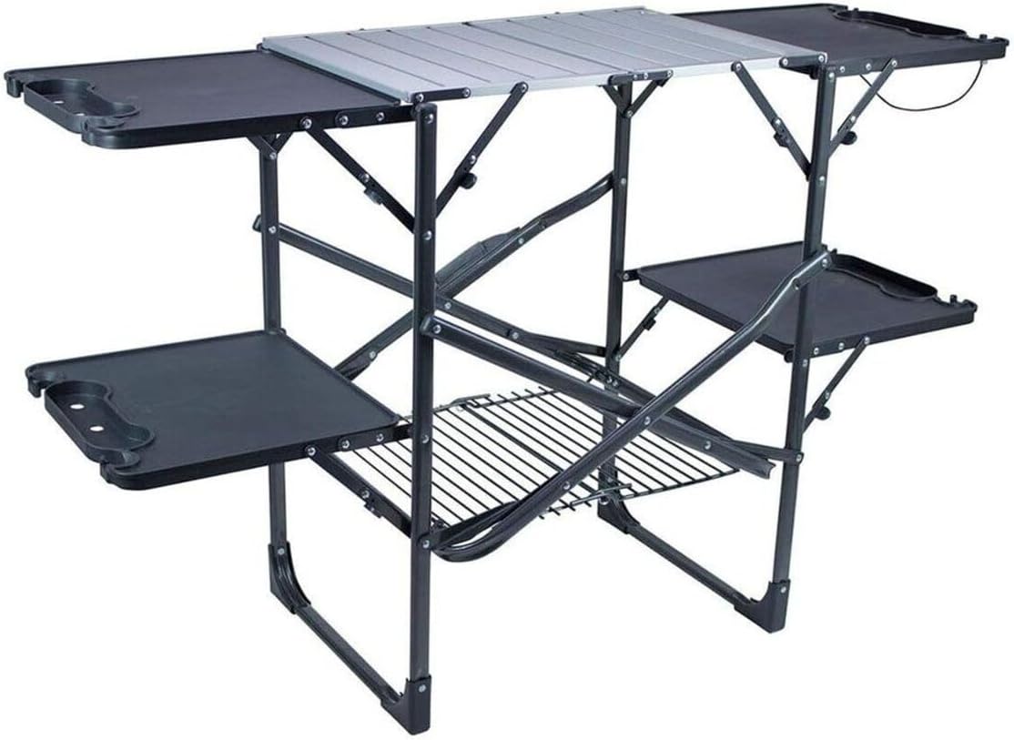 Camping Cooking Top - โต๊ะครัวพับได้แบบพกพาสำหรับตั้งแคมป์ พร้อมชั้นวางด้านบนทนความร้อน ชั้นวางของ ที่ใส่กระดาษเช็ดมือ สถานีทำอาหารสำหรับปิกนิก ทำอาหารกลางแจ้ง