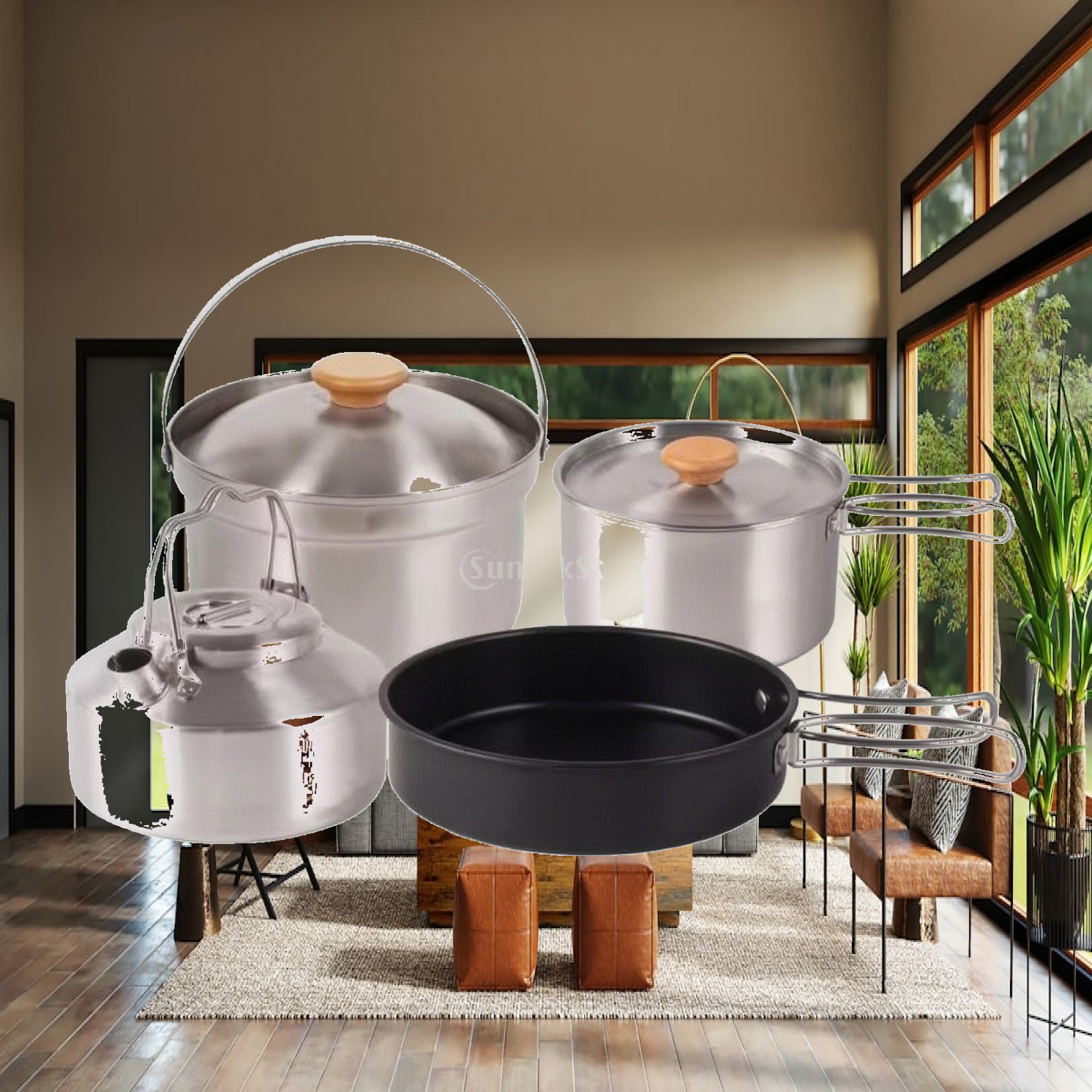 Camping Cooking Set For 4 - ชุดเครื่องครัวแคมป์ปิ้งสแตนเลส 4 ชิ้น พร้อมกาต้มน้ำ ชุดอุปกรณ์ทำอาหารแบบพับได้ พกพาสะดวกสำหรับนักตั้งแคมป์