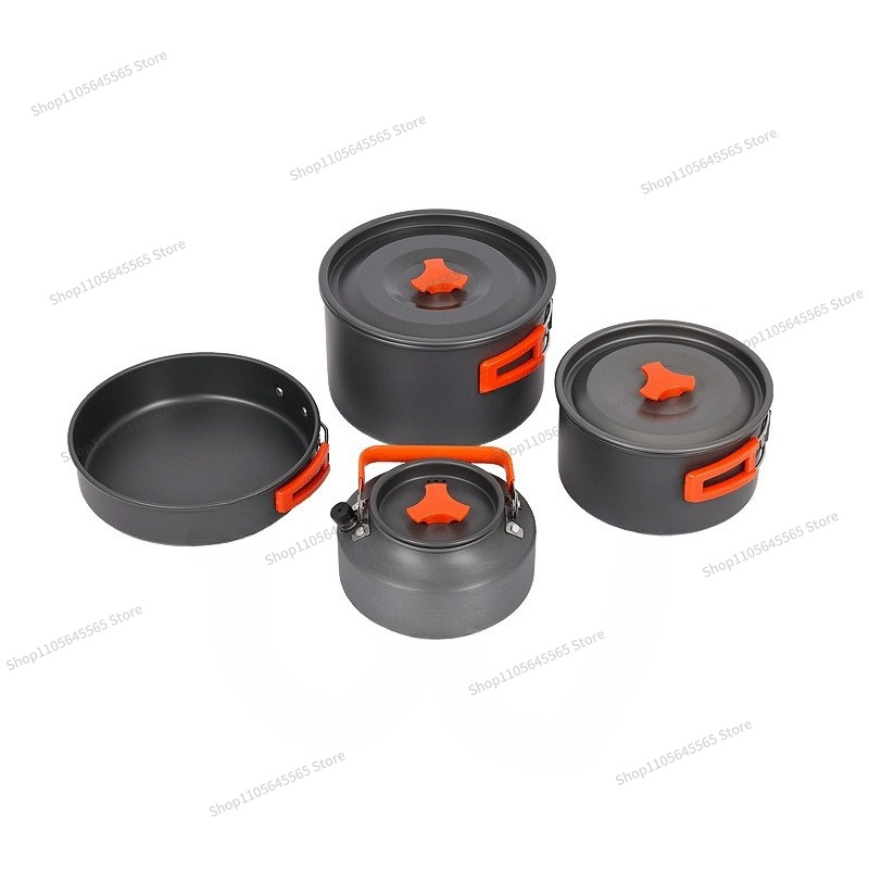 Camping Cooking Set For 4 - ชุดเครื่องครัวสำหรับตั้งแคมป์กลางแจ้ง 4 ชิ้น, หม้อ, กาต้มน้ำ, กระทะ,