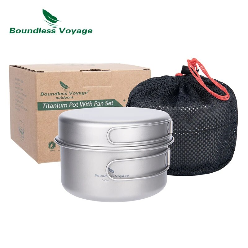 Camping Cooking Set For 4 - ชุดหม้อไทเทเนียม Voyage ไร้ขอบเขตพร้อมที่จับพับได้เครื่องครัวตั้งแคมป์เดินป่า