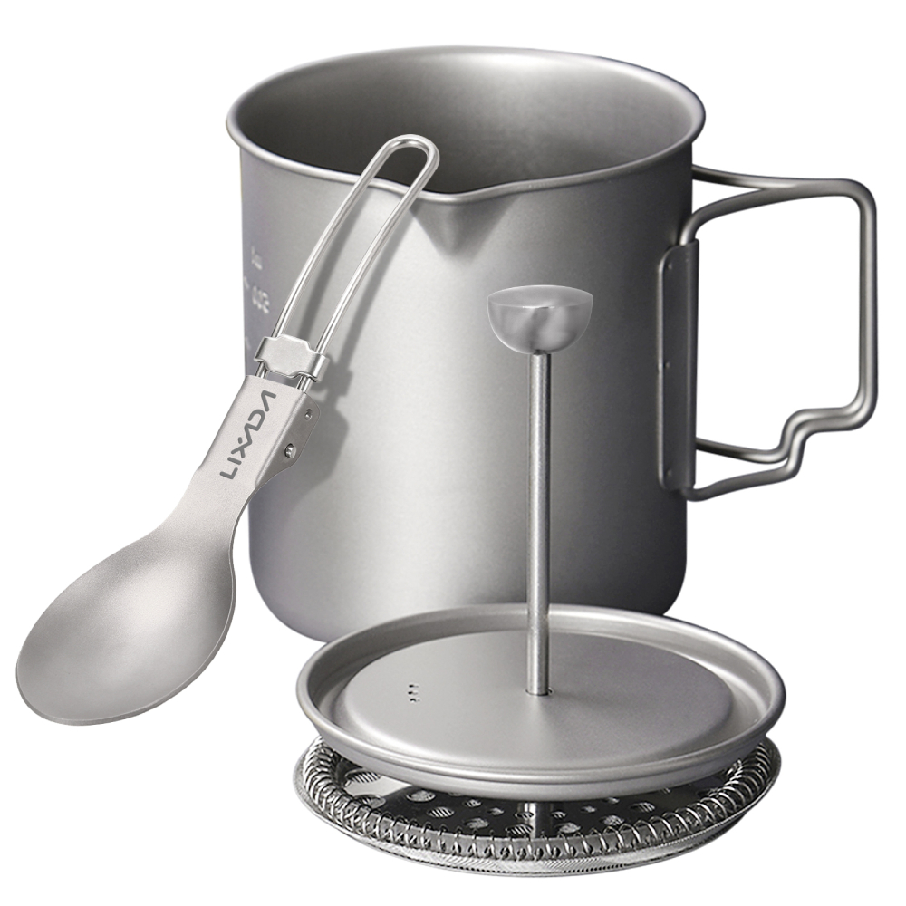 Camping Cooking Mug - Lixada หม้อชงกาแฟเฟรนช์เพรสถ้วยแก้วกาแฟไทเทเนียมขนาด750มล. หม้ออาหารตั้งแคมป์กลางแจ้งพร้อมช้อนไทเทเนียมแบบพับได้