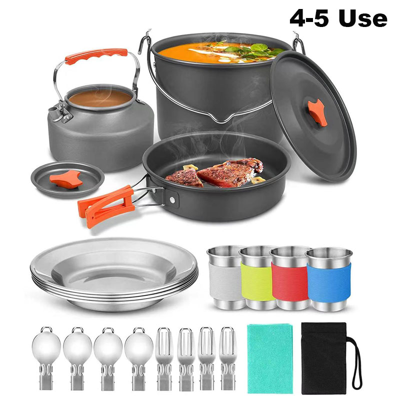 Camping Cooking Set For 4 - Set Alat masak อลูมิเนียมตั้งแคมป์กลางแจ้งพร้อมถุงตาข่ายพับได้อุปกรณ์ทำอาหารกาน้ำชาและกระทะ