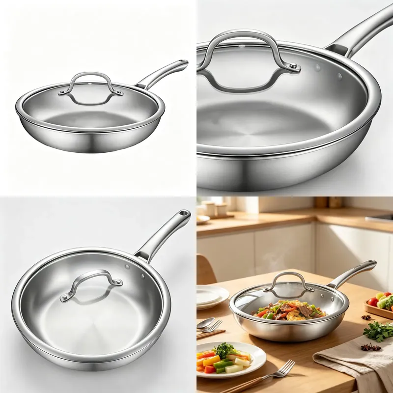 Quality Camping Cooking Set - กระทะทอดสแตนเลสสามชั้นขายดี คุณภาพสูง ชุดทำอาหารสำหรับตั้งแคมป์กลางแจ้ง กระทะเคลือบกันติดพร้อมฝาแก้ว ใช้กับเตาอบได้