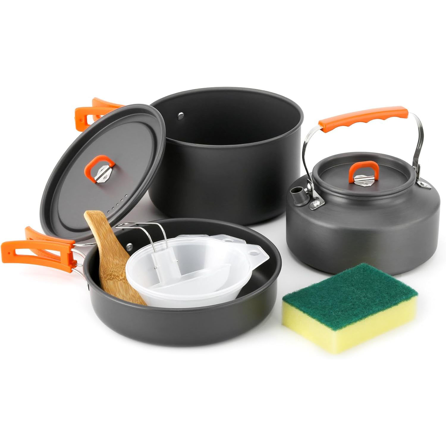 Camping Cooking Top - ชุดเครื่องครัวสำหรับตั้งแคมป์ หม้อและกระทะพร้อมกาต้มน้ำ ชามพลาสติก และช้อนซุป สำหรับการตั้งแคมป์ เดินป่า