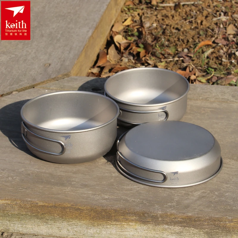 Camping Cooking Tool Set - Keith 3PCS ไทเทเนียมเครื่องครัวกระทะชามชุดพับ Cook ชุดเดินทางกลางแจ้งการล่าสัตว์ตั้งแคมป์ชุดทําอาหาร Ti6053