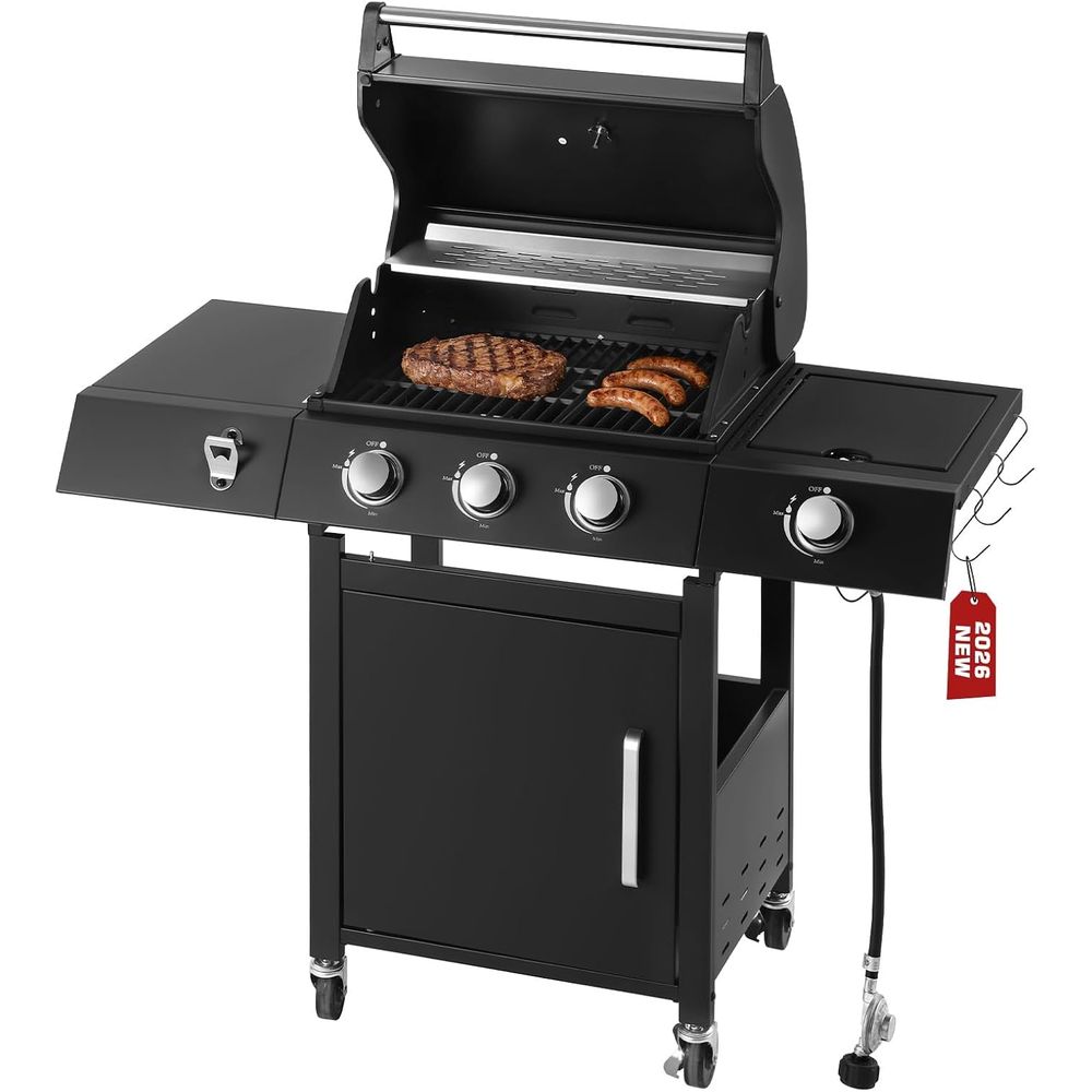 Camping Cooking Top - เตาย่างแก๊สโพรเพน 3 หัวเตา พร้อมเตาข้าง | ฝาปิดด้านบน,