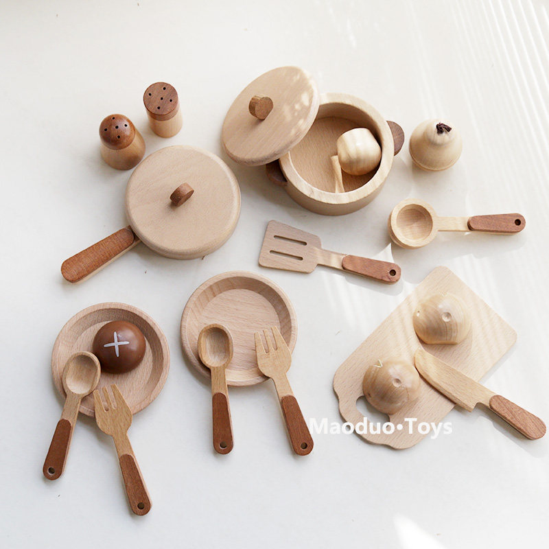 Camping Cooking Tool Set - ชุดครัวไม้บีชสำหรับเด็กของเล่น Maoduo พร้อมอุปกรณ์ทำครัว หม้อ ชุดของเล่นทำอาหารเสมือนจริง ชุดหั่นอาหาร