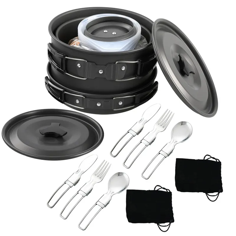 Nesting Camping Cooking Set - ชุดเครื่องครัวพกพาสำหรับตั้งแคมป์ ดีไซน์แบบซ้อนกัน หม้อทำอาหารกลางแจ้งสำหรับ 4-5 คน ชุดอุปกรณ์บนโต๊ะอาหารสำหรับตั้งแคมป์