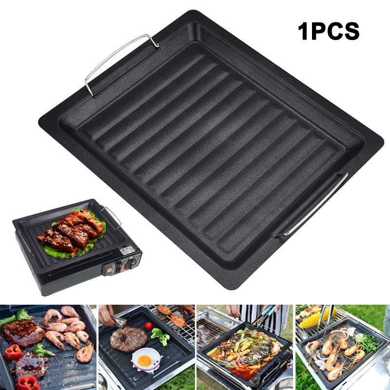 Camping Hiking Cooking - กระทะย่างทรงสี่เหลี่ยมหนาสำหรับใช้งานกลางแจ้ง พร้อมหูจับสองข้าง กระทะย่างเคลือบกันติดแบบพกพา ถาดอบสำหรับทำบาร์บีคิว แคมป์ปิ้ง และทำอาหาร