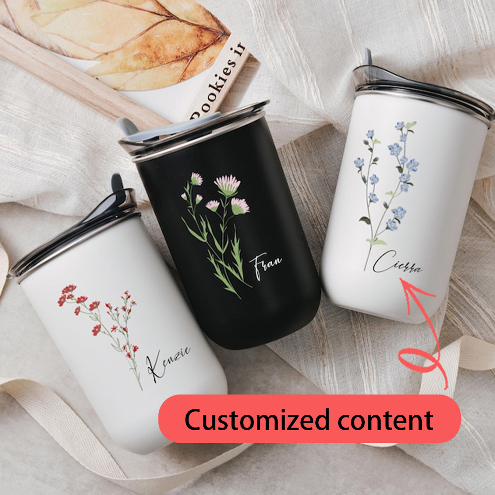 Camping Cooking Mug - แก้วสแตนเลสลายดอกไม้สีแดงพร้อมชื่อสั่งทำพิเศษ, แก้วเดินทางลายดอกไม้พร้อมฝาปิด, ของขวัญพร้อมชื่อสั่งทำพิเศษสำหรับผู้หญิง