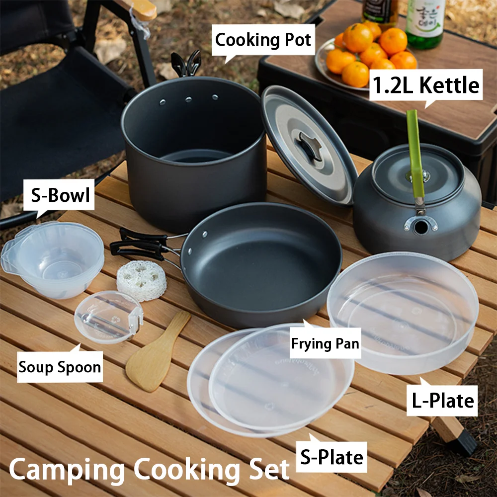 Nesting Camping Cooking Set - ชุดอุปกรณ์ทำอาหารสำหรับแคมป์ปิ้งขนาดใหญ่ ไม่ติดกระทะ สำหรับ 3-4 คน ชุดเครื่องครัวพกพาแบบซ้อนได้