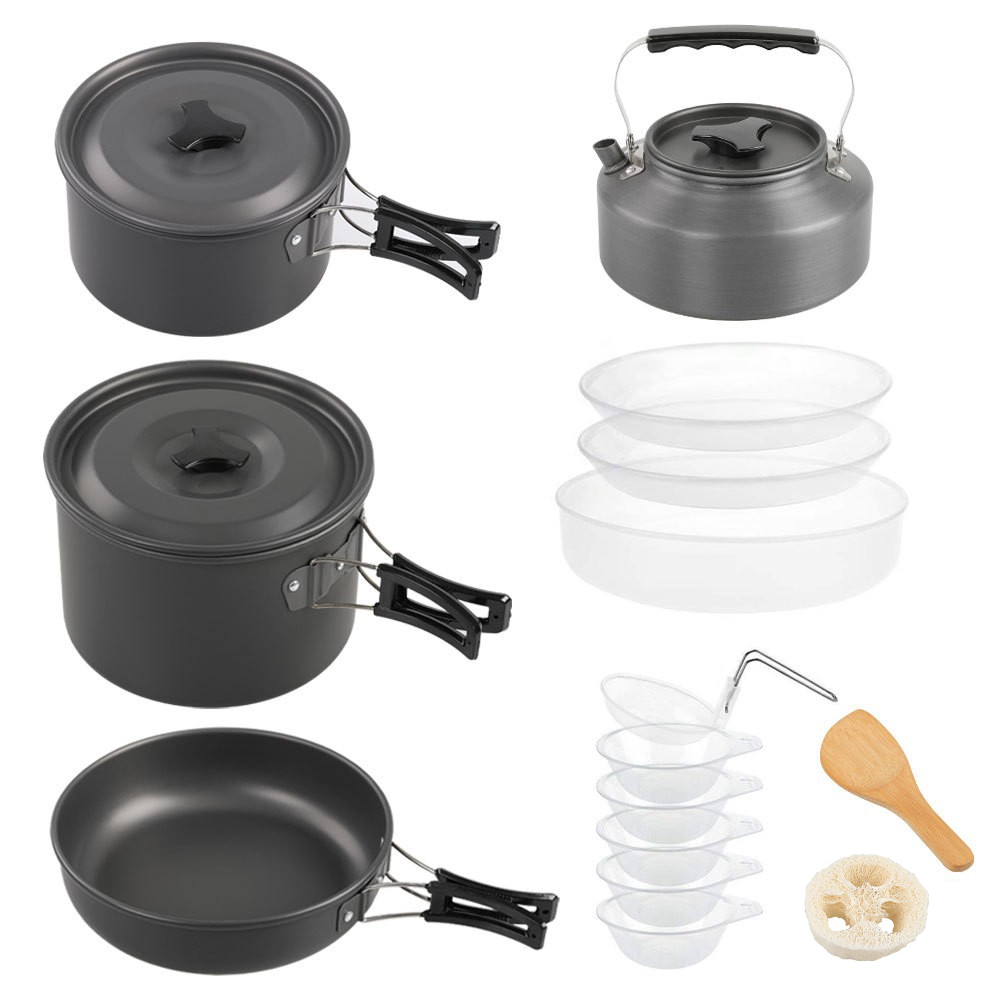 Nesting Camping Cooking Set - ชุดทำอาหารกลางแจ้งขนาดใหญ่, ชุดหม้อแบบซ้อนสำหรับ 2-4 คน, ชุดกาน้ำชาสำหรับแคมป์ปิ้ง, ชุดหม้อสำหรับแคมป์ปิ้ง,