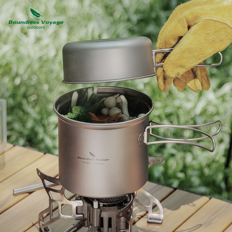 Camping Cooking Pan Set - ชุดหม้อต้มและกระทะทอดไทเทเนียมบริสุทธิ์แบบพับได้ น้ำหนักเบาพิเศษ พกพาสะดวก เหมาะสำหรับการตั้งแคมป์กลางแจ้ง ปิกนิก อุปกรณ์ทำอาหาร