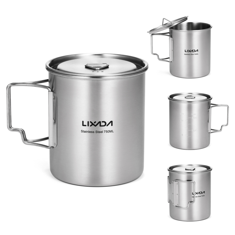 Camping Cooking Mug - Lixada ถ้วยกระบอกใส่น้ำสแตนเลสสตีลกลางแจ้ง750มล. พร้อมที่จับพับได้และฝาปิดสำหรับเดินป่าตั้งแคมป์เป้สะพายหลัง