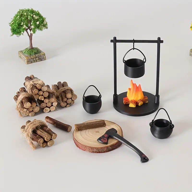 Campfire Cooking - เตาไฟขนาดเล็กแบบแขวนสำหรับบ้านตุ๊กตา แคมป์ปิ้ง ปิกนิก พร้อมกองฟืน ทราย ตกแต่งฉากไมโครแลนด์สเคป