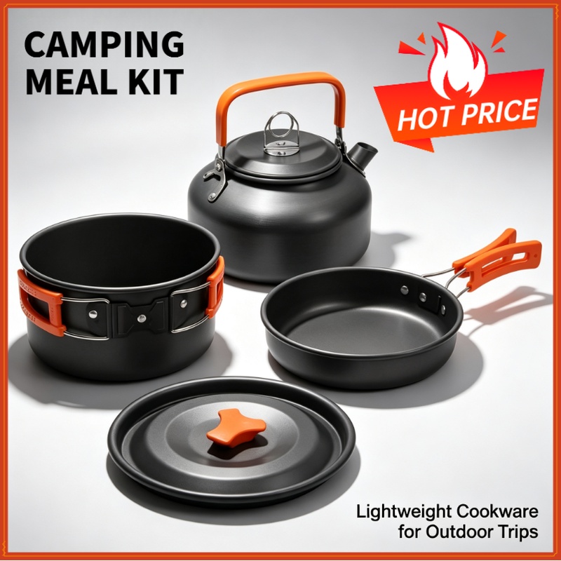 Camping Cooking Pan Set - ชุดอุปกรณ์ทำอาหารสำหรับตั้งแคมป์ ชุดเครื่องครัวสำหรับเดินทาง ชุดอุปกรณ์ปิกนิกกลางแจ้ง กาต้มน้ำสำหรับ 2-3 คน