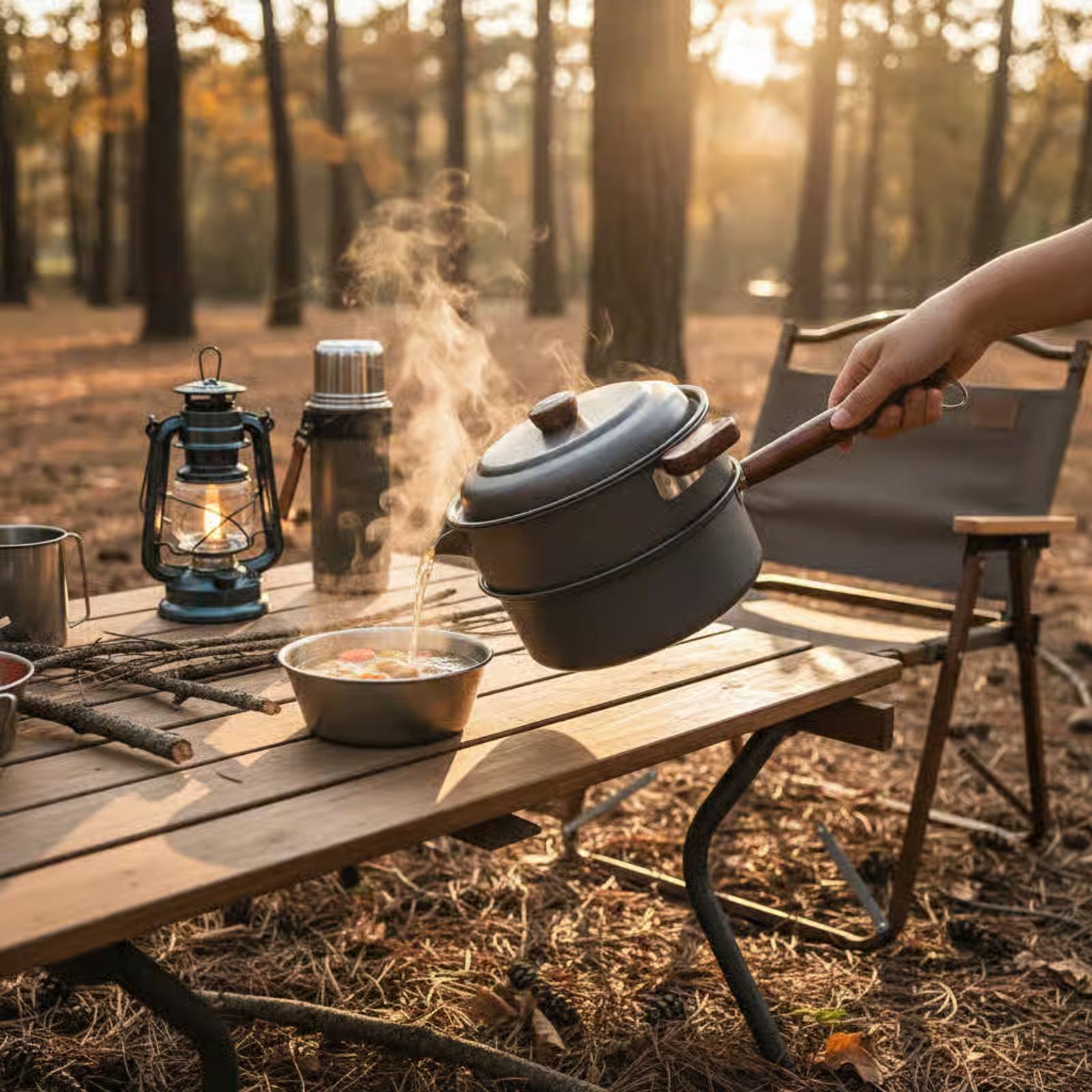 Nesting Camping Cooking Set - หม้อปรุงอาหารกลางแจ้ง 3 ลิตร น้ำหนักเบา หม้อนึ่งสำหรับตั้งแคมป์ ชุดอุปกรณ์ทำอาหารกลางแจ้งแบบพกพา